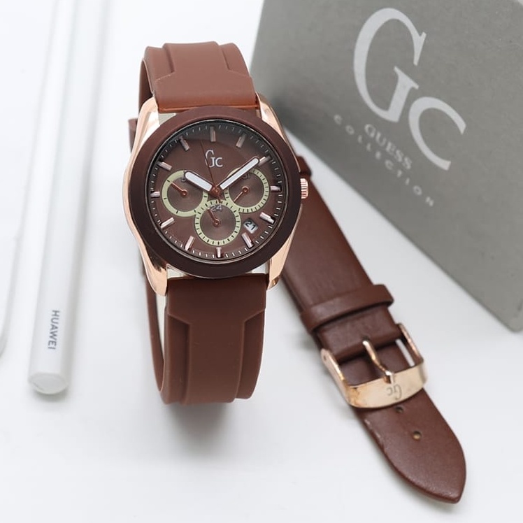 BEST SELLER JAM TANGAN WANITA GUESS FM80 TALI RUBBER CHRONO HIASAN TANGGAL AKTIF DM 3.5CM FREE TALI KULIT, BOX EKSLUSIF &amp; BATERAI || JAM TANGAN FASHION WANITA JAM TANGAN CEWEK MURAH