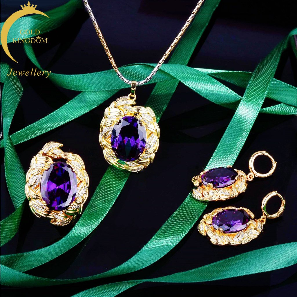 Goldkingdom Perhiasan Fashion 24K Bangkok Aksesoris Ready Stock Mitologi Yunani Cabang Zaitun Amethyst Set Berlian Ungu Kalung Anting Cincin