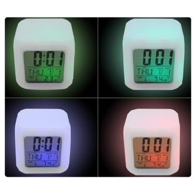 Jam Meja Kubus Weker Moody Clock Kotak Alarm Beker Digital LED Jam Lampu Tidur Berubah 7 Warna + Pengukur suhu Jam