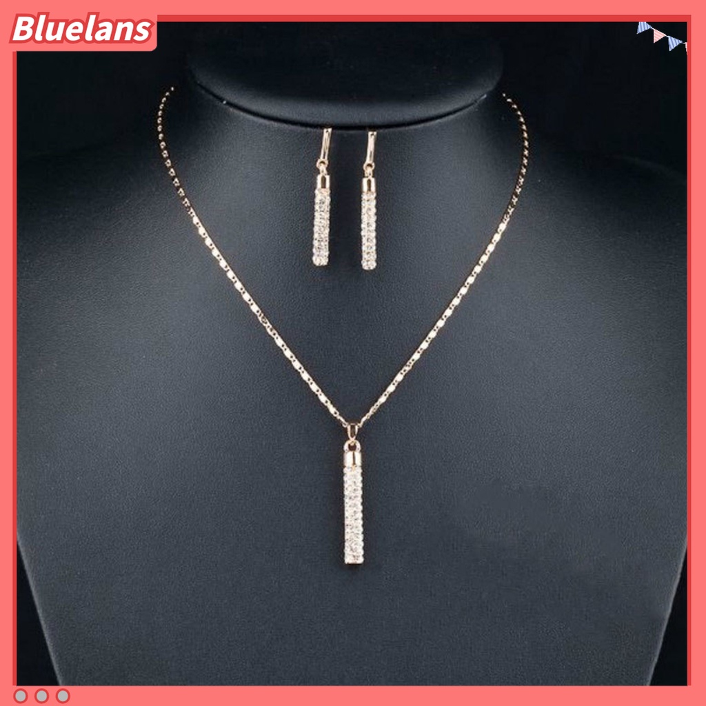 1 Set Kalung Anting Berlian Imitasi Shiny Bentuk Silinder Untuk Wanita