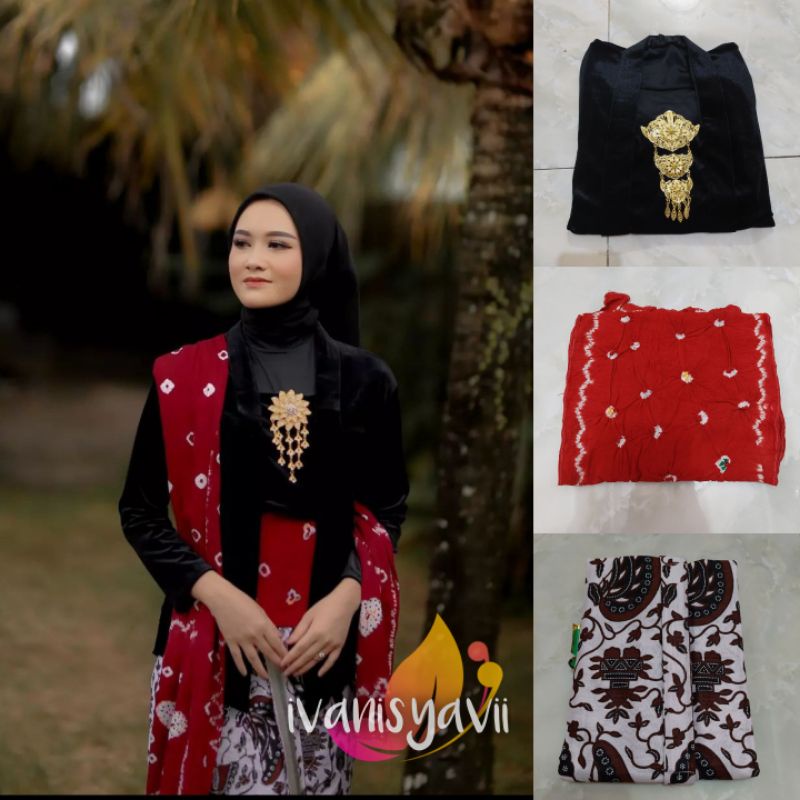 [Full Set] Kebaya + Jarik Instan + Selendang / Model kutubaru - Bahan bludru