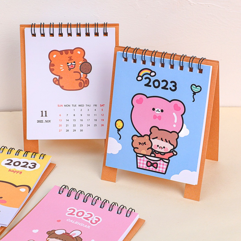 2023 Kalender Meja Mini Motif Kartun Kucing / Beruang Lucu Untuk Dekorasi Meja Sekolah