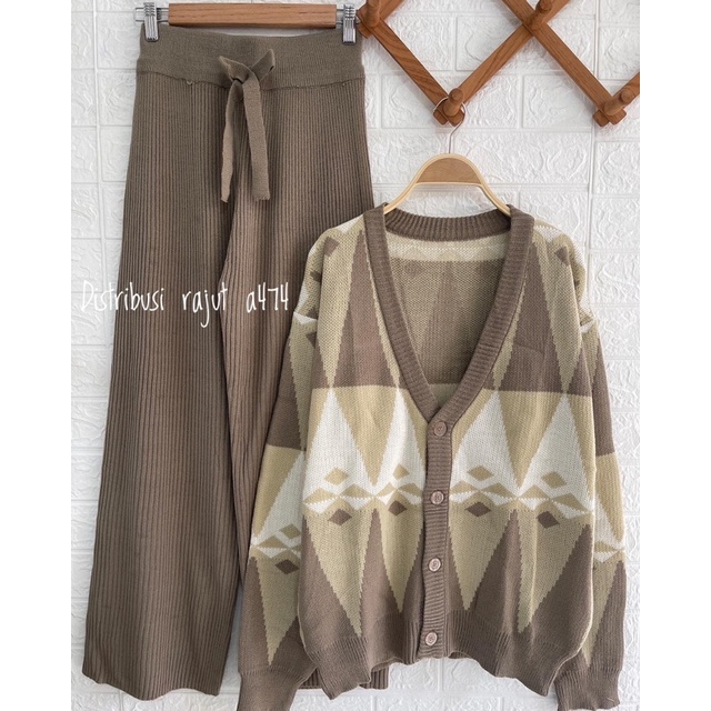 ONESET CARDIGAN RAJUT ARGYLE SETELAN KULOT DAN ROK RAJUT PREMIUM