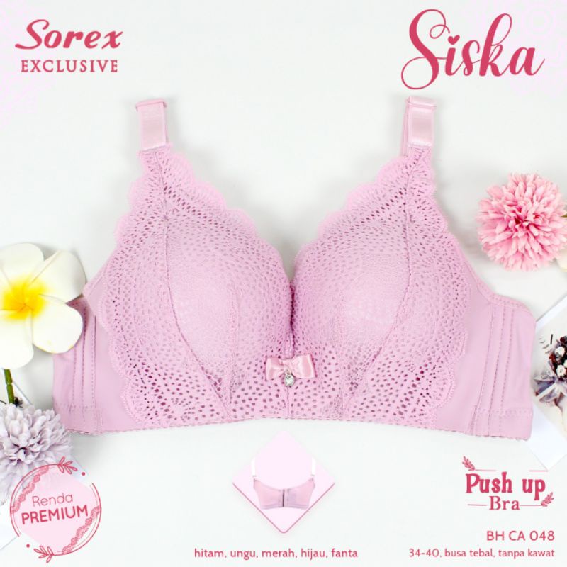 Bra Sorex CA 048 Siska renda premium cup B besar, tanpa kawat, busa 34-40