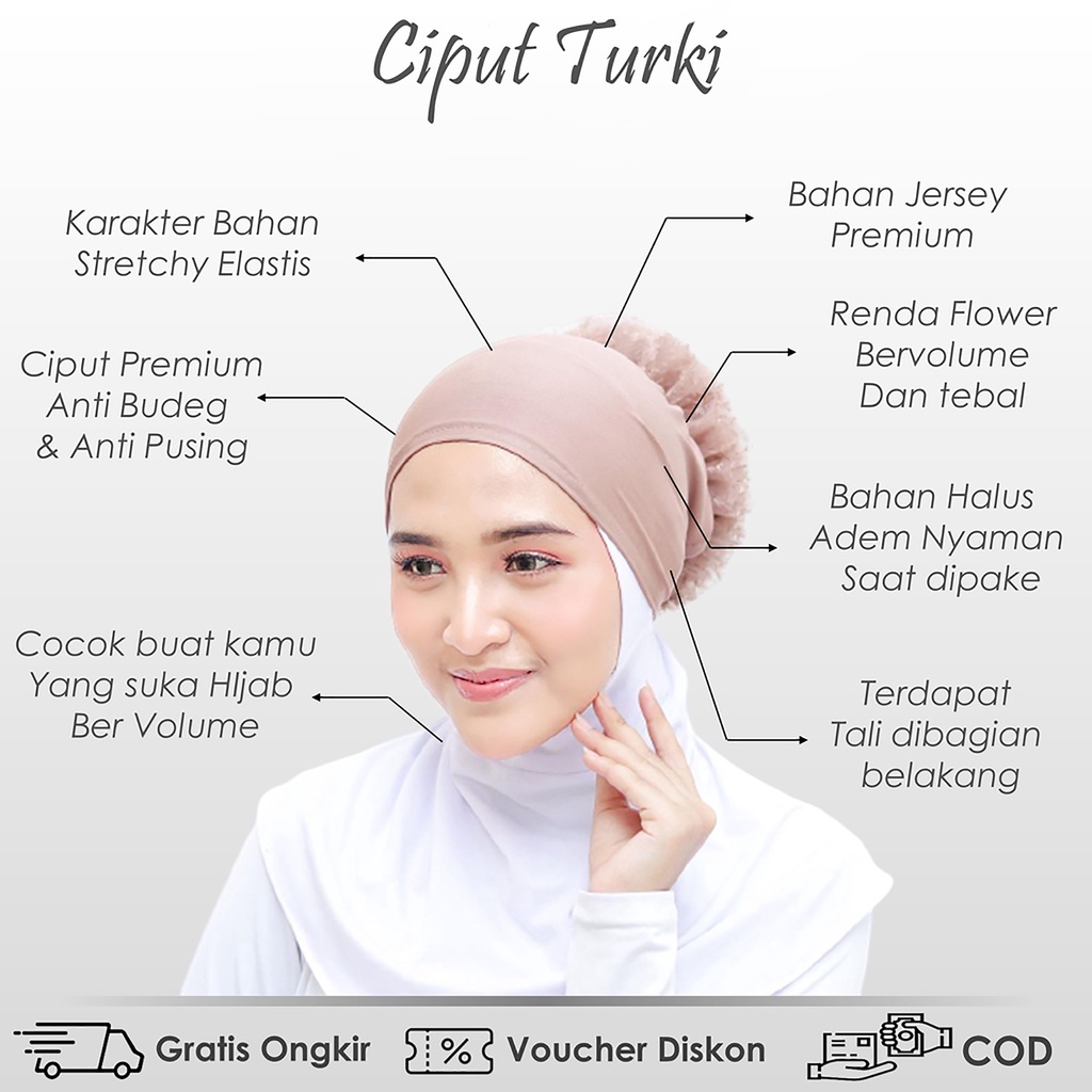 CIPUT TURKI dengan renda banyak / INNER TURKEY untuk HIJAB  JILBAB daleman kerudung Hand made berkualitas bisa GROSIR