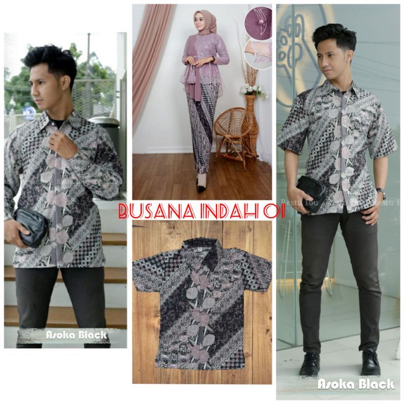 COUPLE BATIK KEBAYA SLENDANG / SARIMBIT KELUARGA BATIK MOTIF ASOKA BLACK