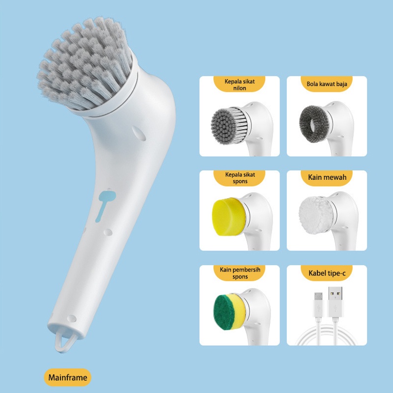SYH Mall Sikat Elektrik 5 in 1 Handheld Sikat Kamar Mandi Rotasi Cerdas 360° Derajat Kebisingan Rendah Tahan Air IPX7 Wastafel Dapur Cleaning Brush