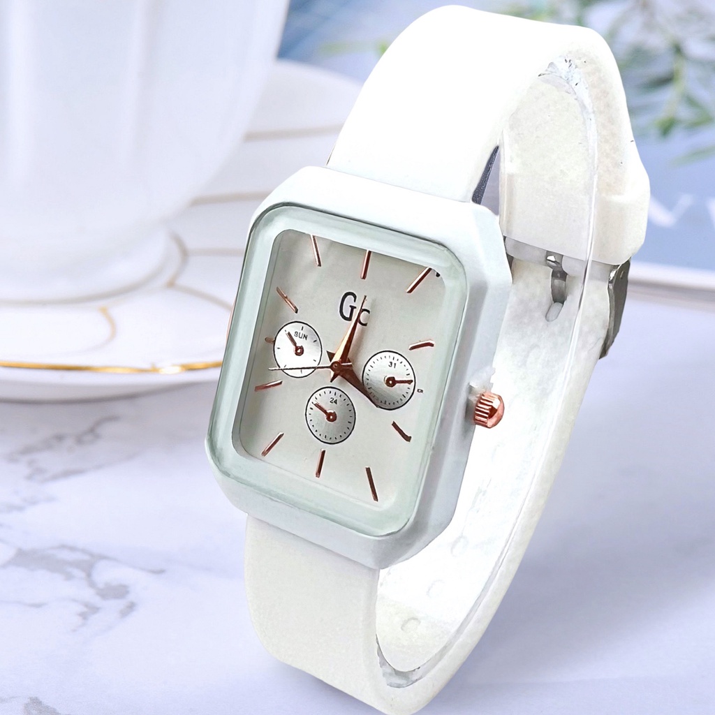 COD✅ Jam Tangan Wanita Chrono Rubber Segi Gaya Korea Fashion Watch Harga Grosir   S1240