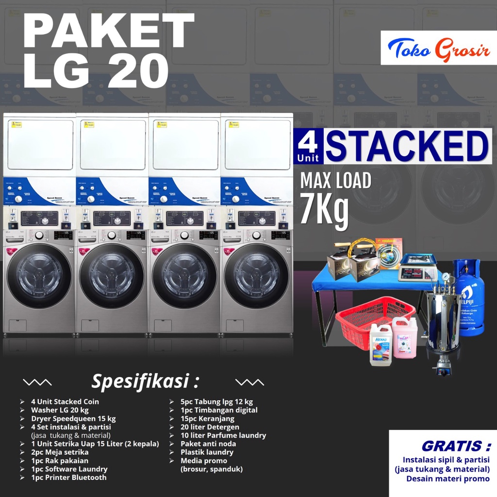 PAKET LAUNDRY COIN 4 STACKED WASHER LG 20KG - DRYER SPEEDQUEEN 15KG