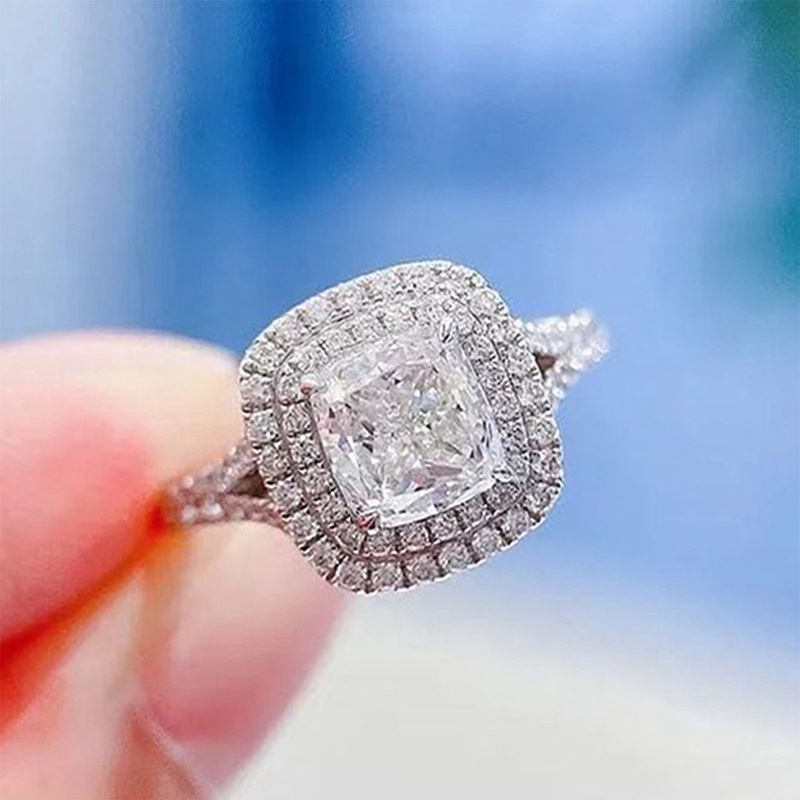 Fancyqube Cincin Pernikahan Warna Silver Bentuk Potongan Bantal Bahan Cubic Zirconia Untuk Wanita