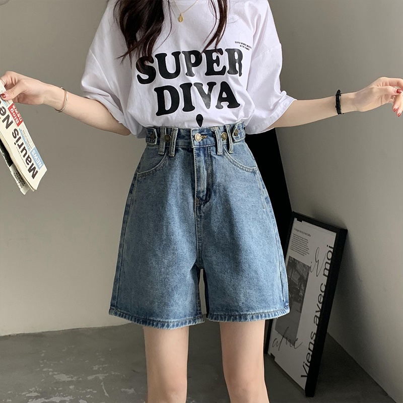 Warna Biru Kasual Celana Pendek Denim Pinggang Tinggi Wanita