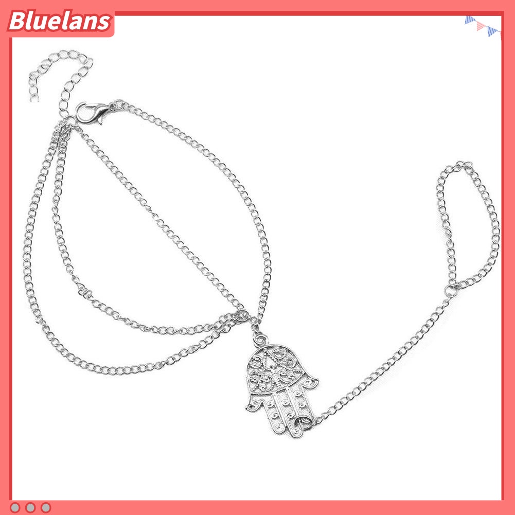 Bluelans Women Hamsa Hand Asymmetric Slave Tassel Chain Harness Finger Ring Bracelet