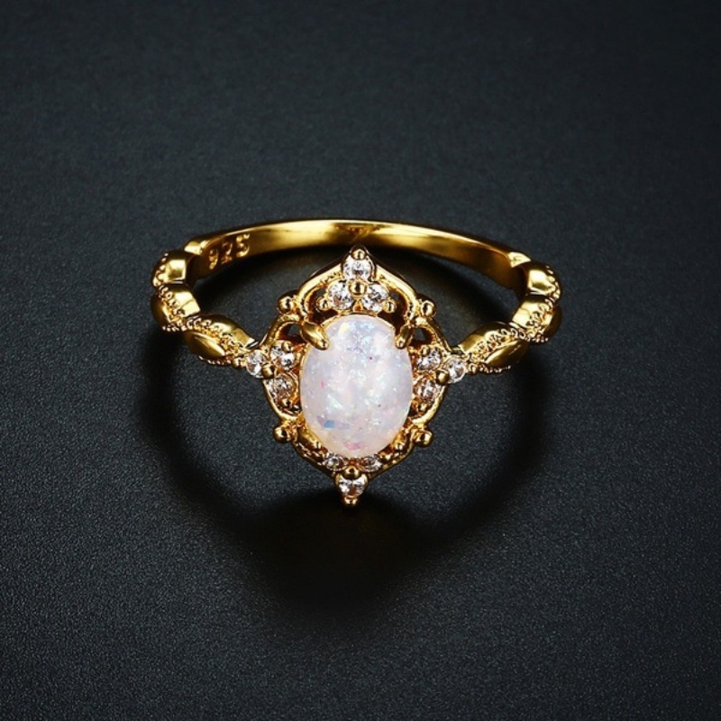 Goldkingdom Perhiasan Fashion Aksesoris Bangkok 24K Ready Stock Cincin Opal Wanita Lapis Emas Asli Kadar 375 Dengan Batu Permata Putih Moonlight Minimal