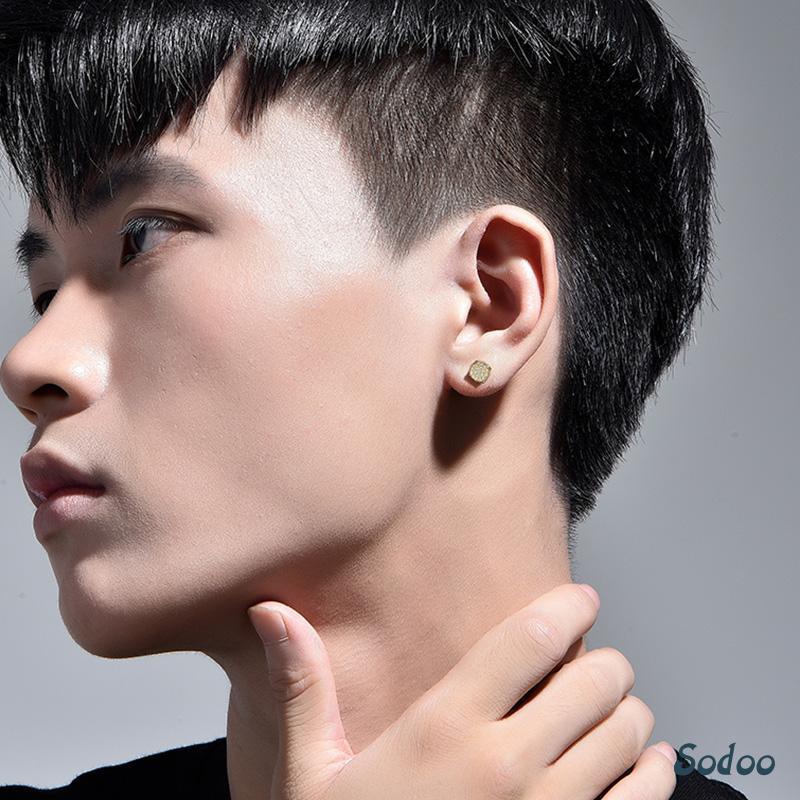 WAJIB PUNYA Anting emas tusuk anting berlian bulat empat garpu pria untuk aksesori hip-hop punk