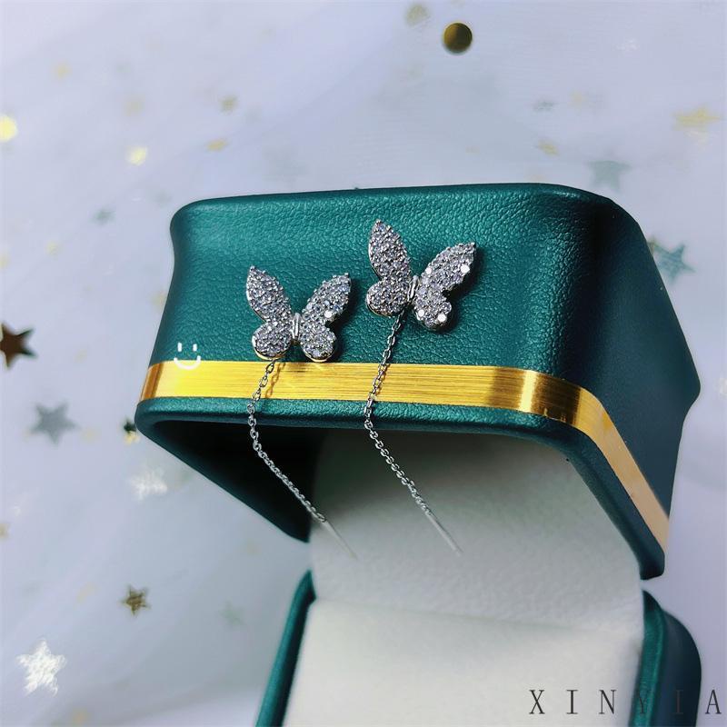 【Bayar di tempat】Mode kecenderungan Korea Selatan Butterfly Anting Rumbai Panjang Desain Kupu-Kupu Aksen Berlian Untuk Wanita