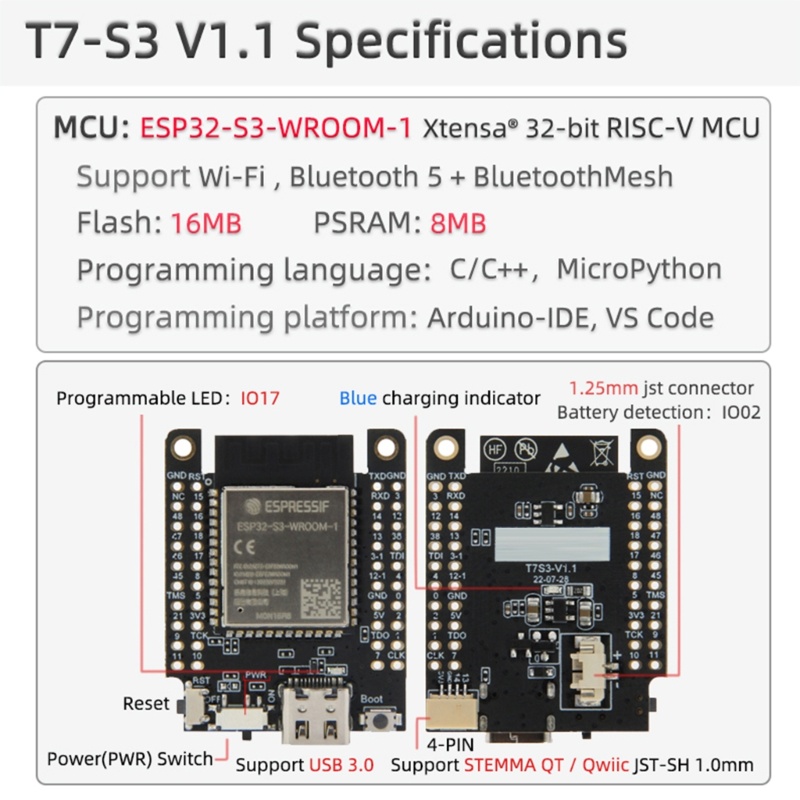 Btsg T7 S3 ESP32-S3 Papan Pengembangan Deteksi Baterai Io02 WiFi Bluetooth-Kompatibel