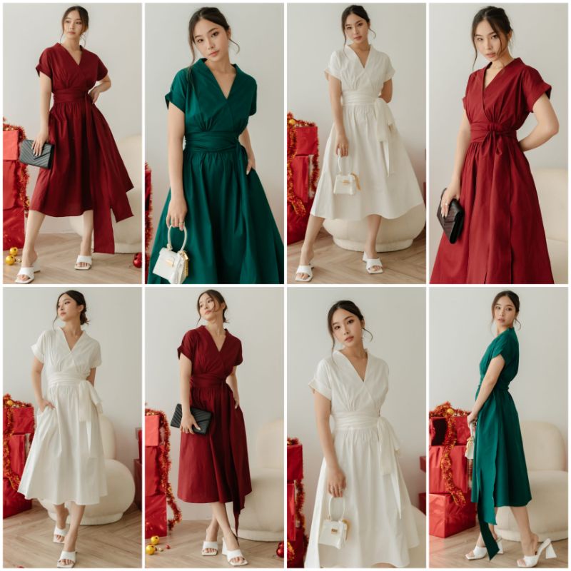 ❣️ SPECIAL PRICE ♡ PREMIUM ♡ ORIGINAL ! NOELLA VINTAGE PLAIN V-NECK KIMONO OBI TIED MIDI FLARE DRESS