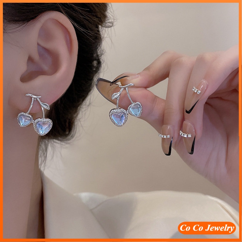 Korean Ins Fashionable Moonstone Cherry Earrings COCOJEWELRY