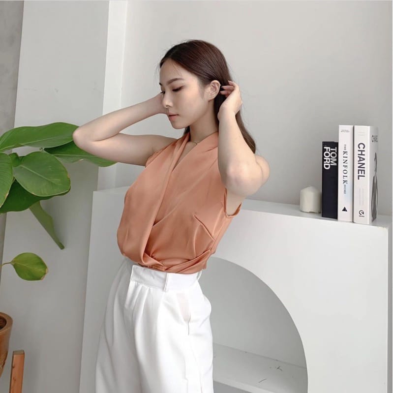 JENNY SATIN TOP KOREA TANGERINE ORANGE - ATASAN PESTA SATIN - TOP BASIC MEWAH V-NECK - TOP SEXY - ATASAN UNTUK KONDANGAN - HADIAH / KADO ULTAH CEWEK