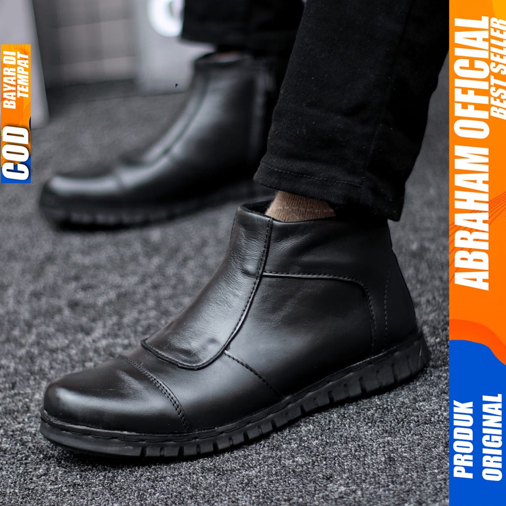 Sepatu Pantofel Tinggi Boot Sleting Kulit Asli Original Formal Hitam Pria Abraham Warka