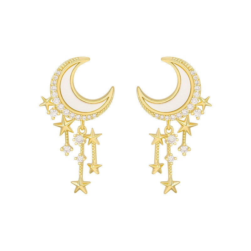 Anting Stud 925 silver needle Bentuk Bulan Bintang Aksen Zirkon Untuk Wanita