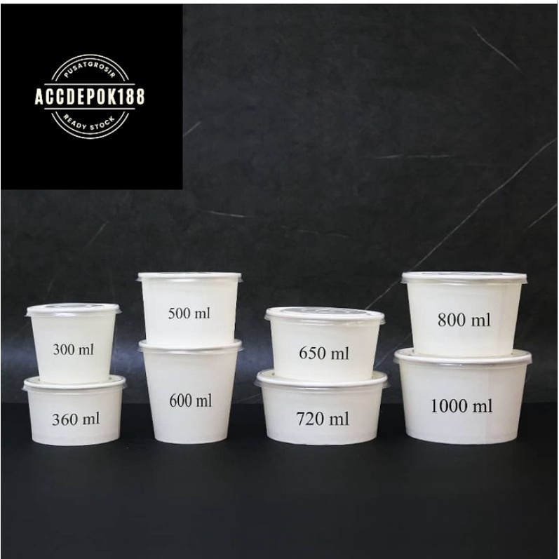 PAPER BOWL + LID / MANGKOK KERTAS PUTIH UKURAN 360ML 500ML 650ML 800ML + INER + TUTUP ISI 25SET MEREK SUPER BUBBLE
