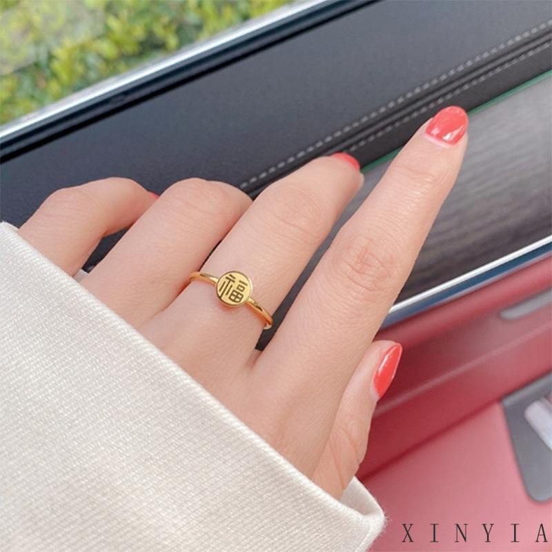 【Bayar di tempat】Cincin Bahan Titanium Steel 18K Gold Gaya China Retro Untuk Wanita