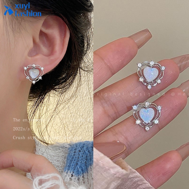 Anting Tusuk Silver Y2k Desain Hati Hias Opal Gaya Vintage Untuk Wanita