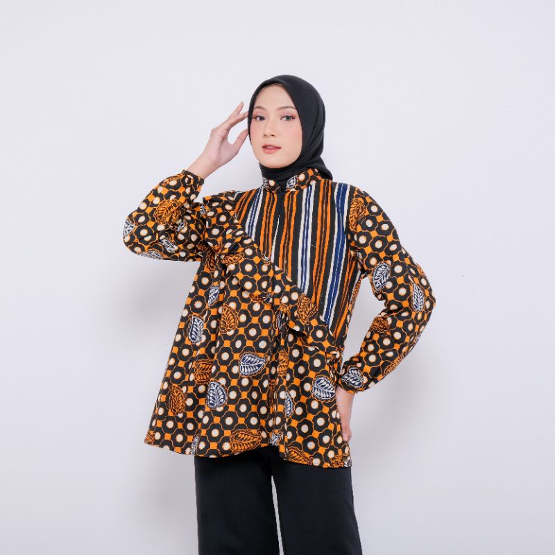 Cantika blus  batik kerja wanita kantor modern busui friendly lengan karet.