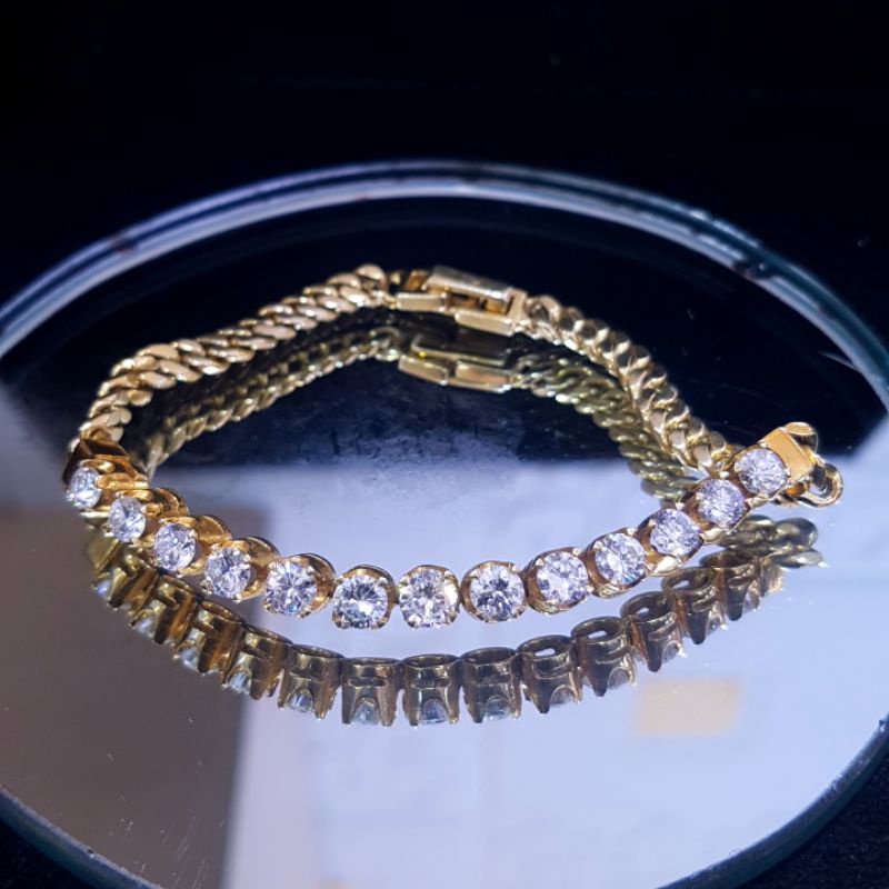 Gelang Cuban Tennis Bracelet Berlian Asli Emas Kuning