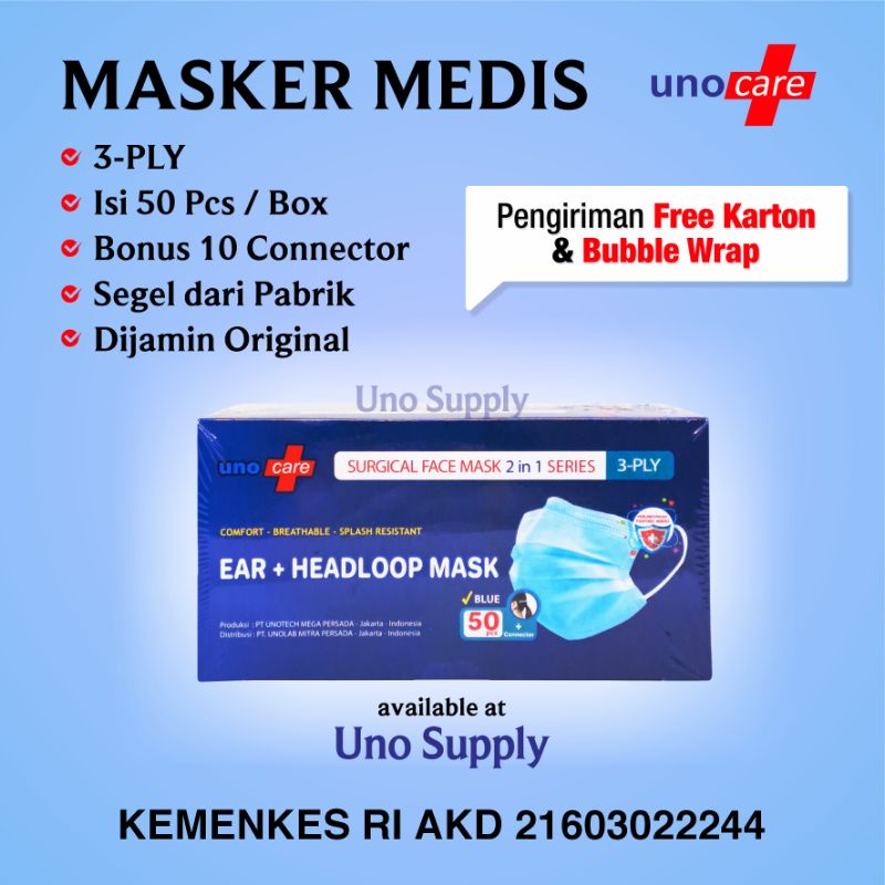 Masker Surgical Medis 3 ply Unocare Biru / Masker UnoCare / Masker Medis UnoCare / Masker Uno Care /