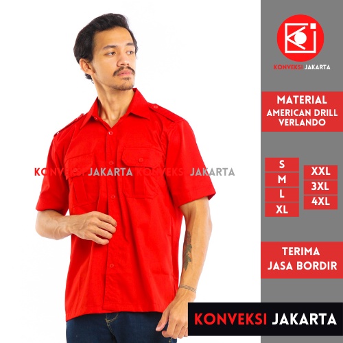 Baju Kemeja PDL Lengan Pendek Pria - Seragam Pakaian Kerja Taktikal Tactical Dinas Lapangan Outdoor Gunung Material American Drill Warna Merah - Konveksi Jakarta Official