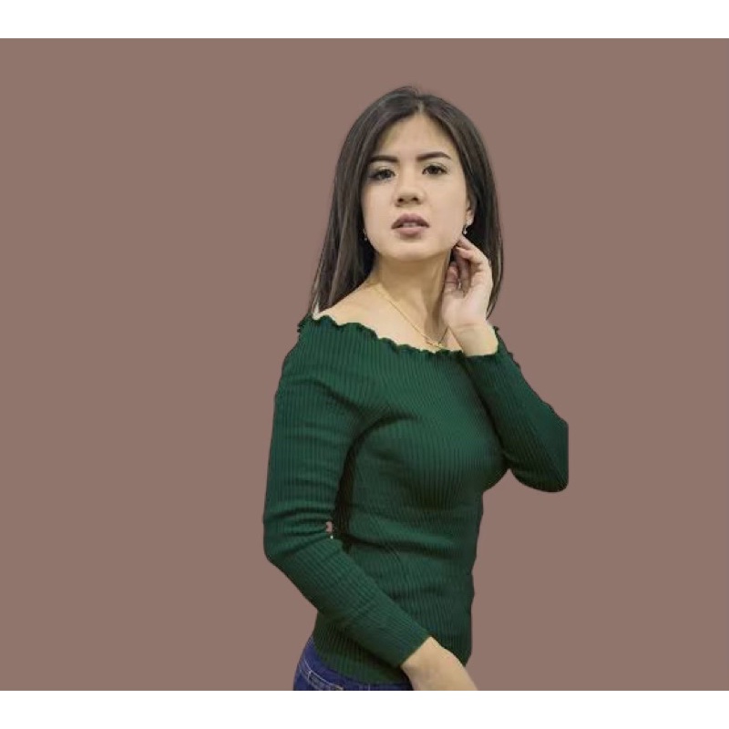 Baju Atasan Rajut Blouse Wanita Korean Style Sabrina Kerut Kriwil Lengan Panjang Off Shoulder Z06