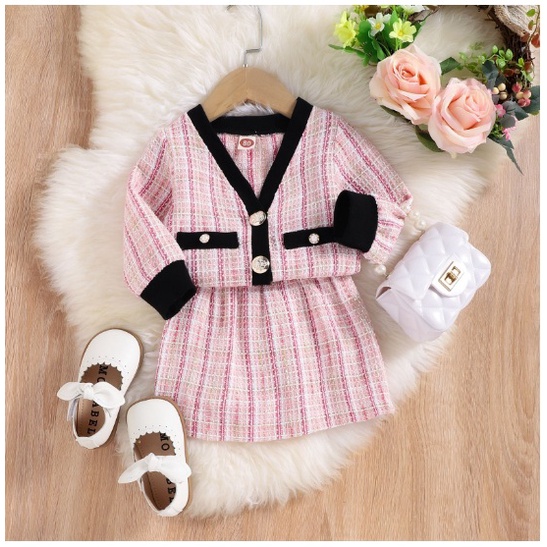 Setelan Dress PINK KANCING EMAS Anak Perempuan Import/ Gaun Pesta Baju Bayi Perempuan
