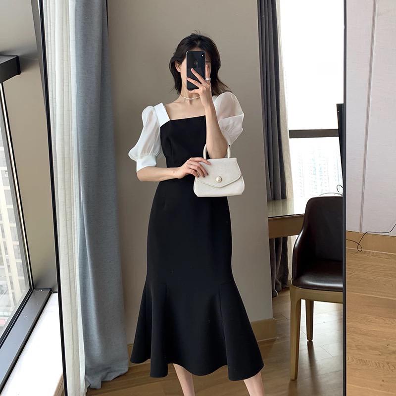 Basic id fashion Dres wanita  lengan pendek kombinasi / Gaun wanita elegant / Dres wanita pesta korean