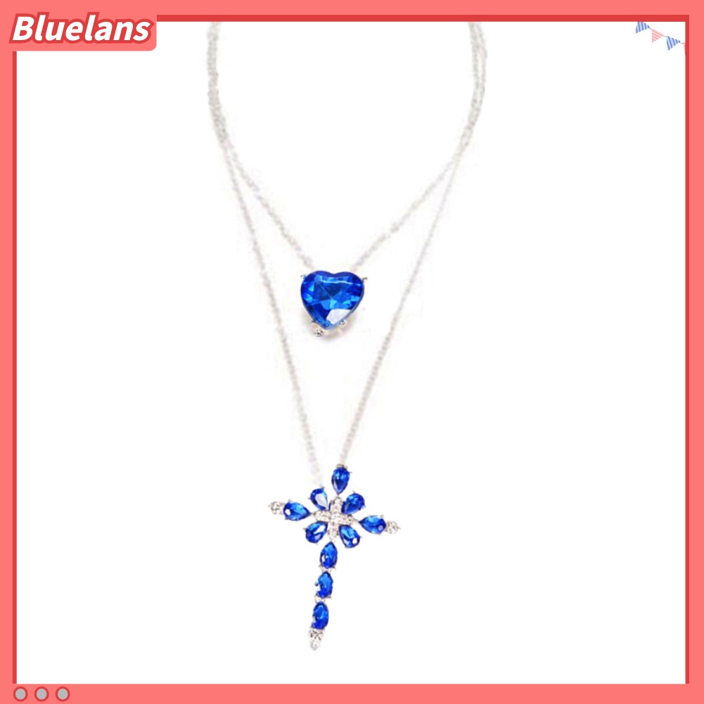 Bluelans Women Two Layer Cross Heart Full Rhinestones Pendant Necklace Chain Jewelry Gift