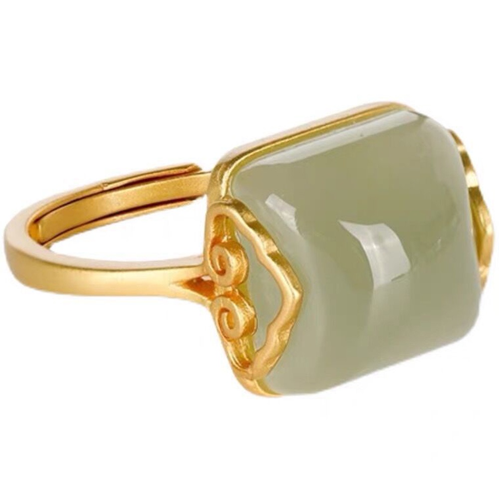 1pc Cincin Batu Giok Hetian Alami Warna Emas Untuk Wanita