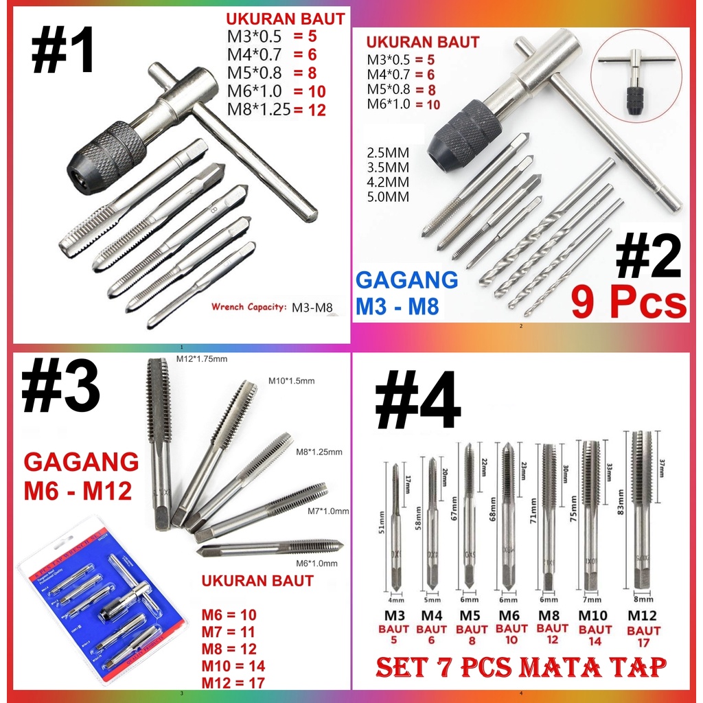 Hand Tap Set Pembuat Ulir Sekrup Mata Bor Tap Die Set &amp; Gagang M3-M12