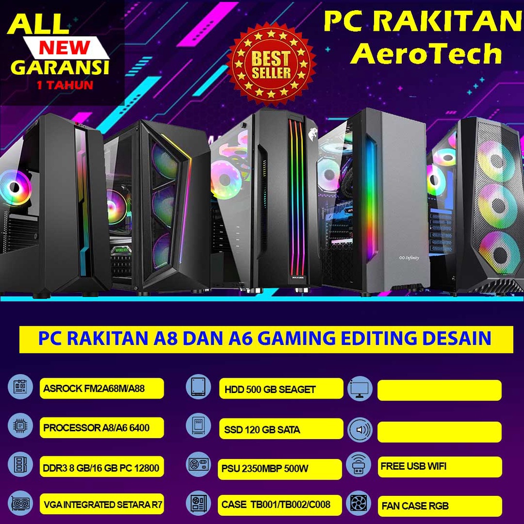 Bergaransi (GGP) PC RAKITAN AMD A8 7680 A6 6400 VGA SETARA R7RAM 8 GB SIAP GAMING EDITING DESAIN