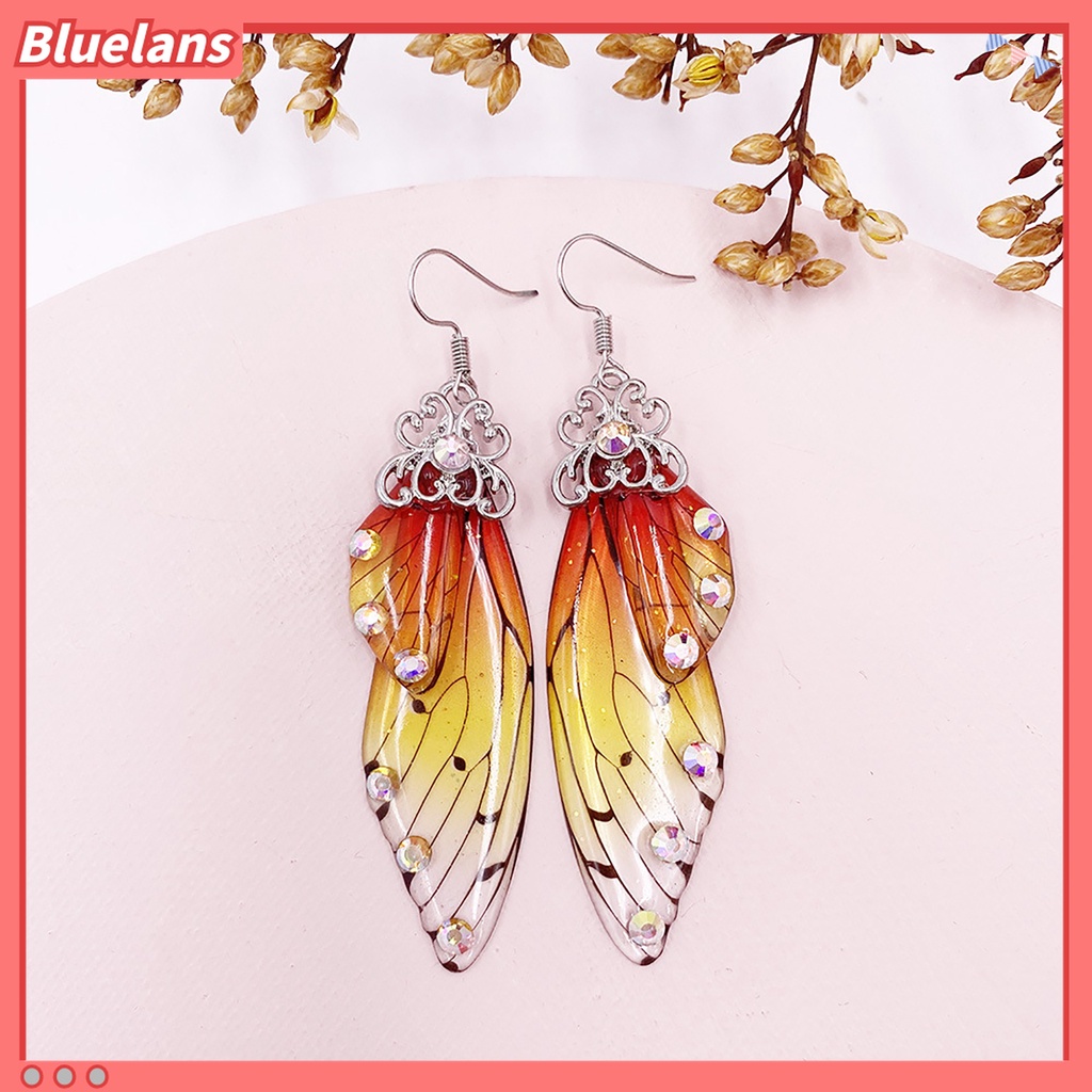 Anting Kait Desain Sayap Kupu-Kupu Aksen Berlian Imitasi Warna Gradasi Untuk Wanita