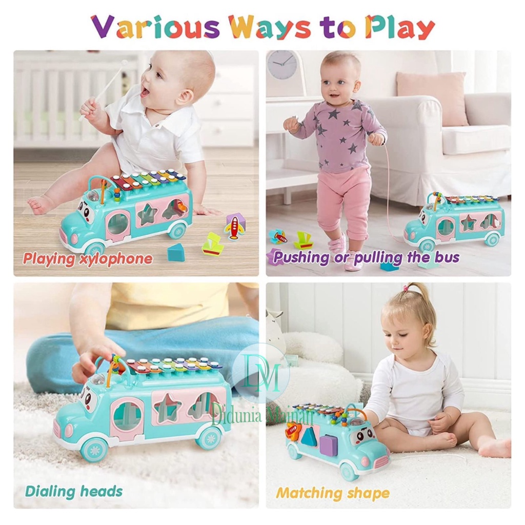 Mainan edukasi anak mobil mobilan bus musik xylophone puzzle block alat music kolintang 3 in 1