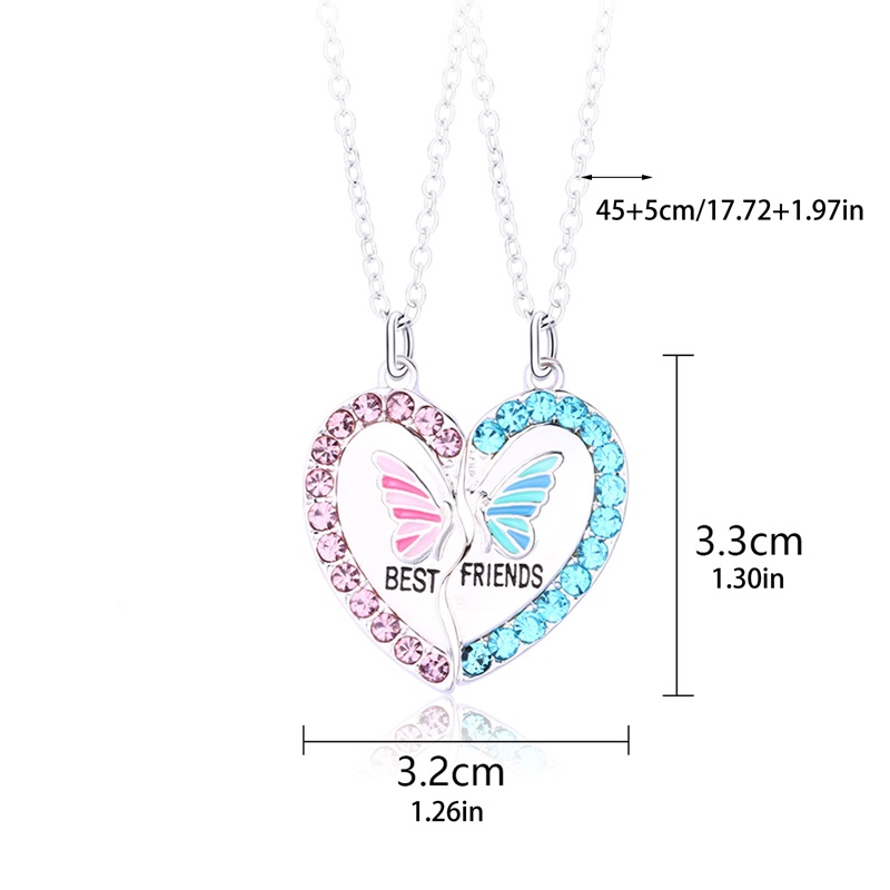 Fancyqube 2pcs / Set Kalung Persahabatan Liontin Kupu-Kupu Hati Aksen Berlian Imitasi Dapat Disesuaikan Untuk Hadiah