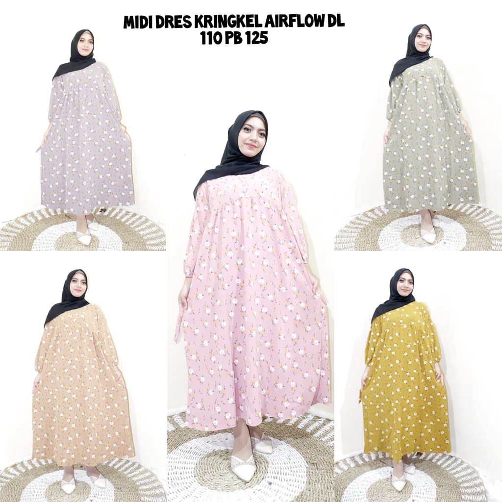 Midi Dress Crinkle Airflow | Krinkle motif bunga | Dress wanita termurah | Baju wanita terbaru 2022 | Bisa COD | Sultan Collection BDG
