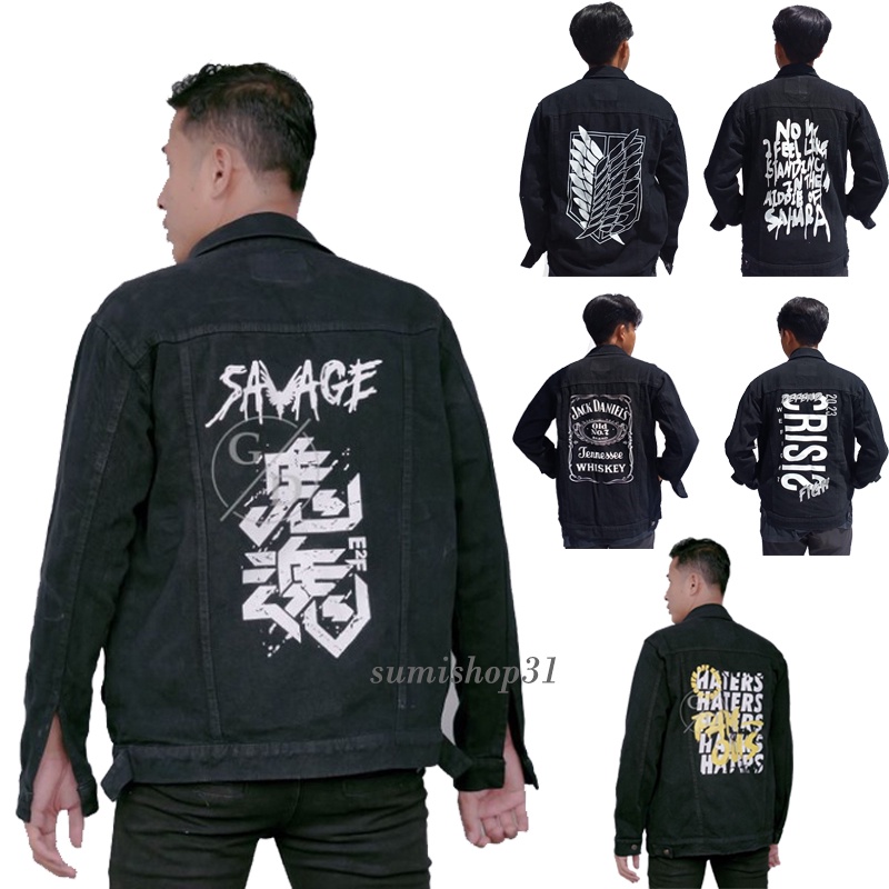 Jaket Jeans Hitam Savage Sablon  / Jaket Jeans Pria Gambar World Oceana Crew / Jaket Jeans Hitam