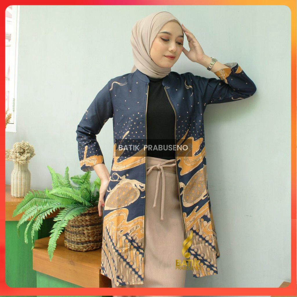 ANGGITA BIRU Tunik Atasan Baju Batik Wanita Lengan Panjang Original Prabuseno Modern Premium Jumbo B