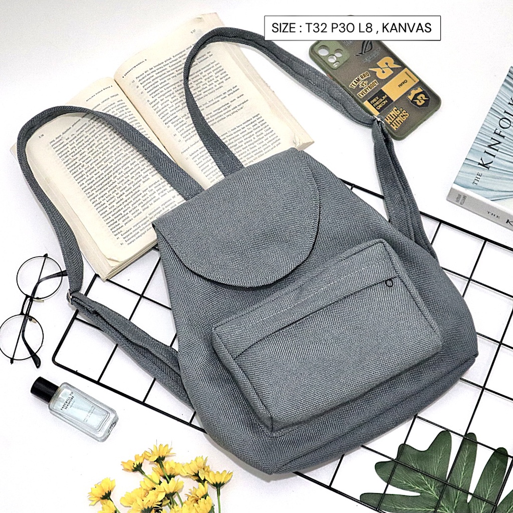 Bayar di Tempat COD Tas Ransel Serut Bahan Kanvas KANTONG Depan Ukuran Medium tas punggung wanita-Warna 701