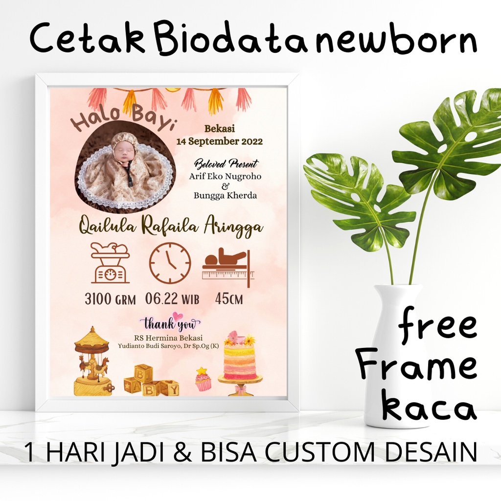 cetak Photo newborn potrait, Biodata baby newborn, bingkai foto biodata bayi, cetak bingkai kaca/ bi