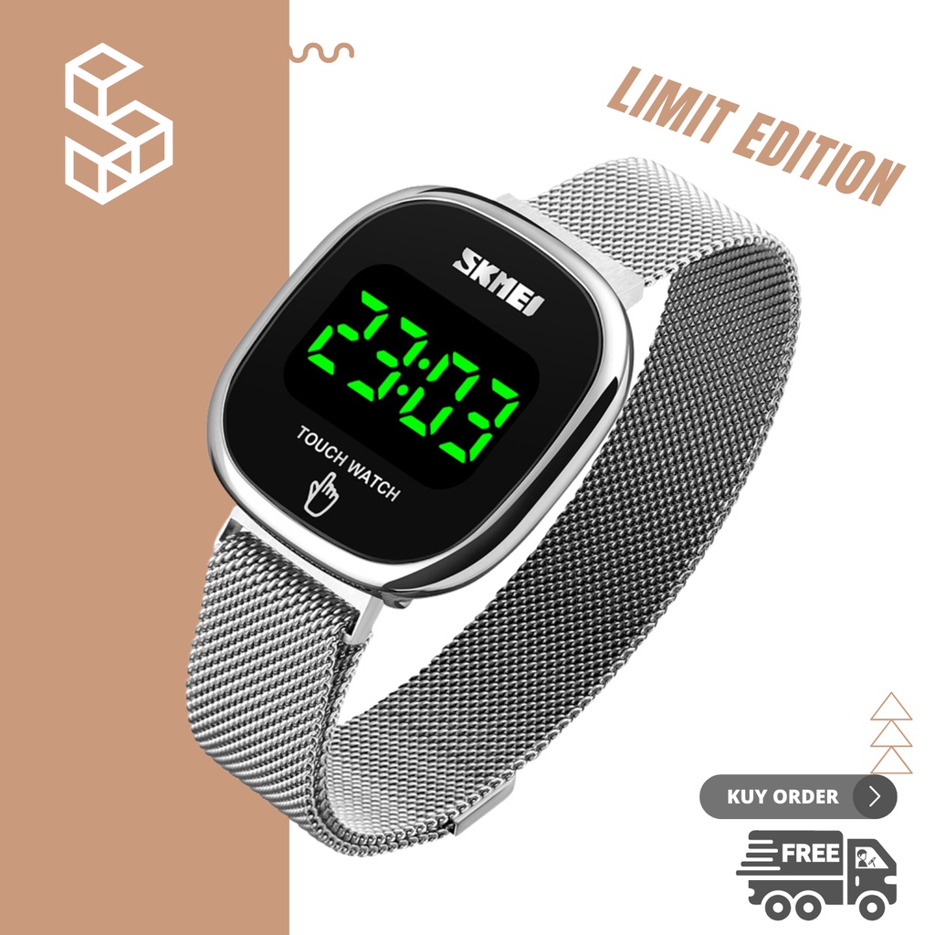 Jam Tangan Pria Wanita SKMEI Digital Layar Sentuh Elegan Style Strap Tali Stainless Steel Warna Hita