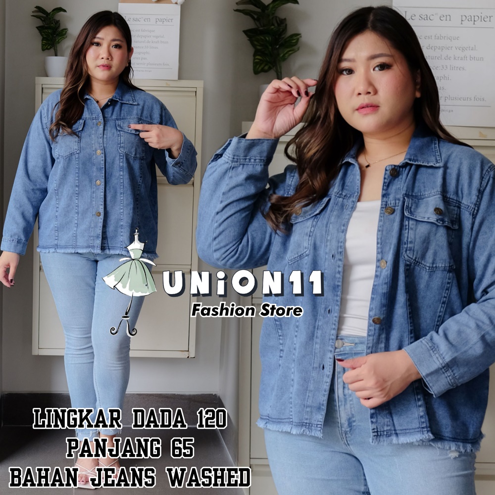 UNION11 - JAKET JUMBO WANITA JEANS WASHED / JACKET JUMBO WANITA LD 120 / BAJU JUMBO WANITA / JAKET WANITA BIGSIZE / OUTER JUMBO WANITA XXXL / ATASAN JUMBO XXXL WANITA KAORI