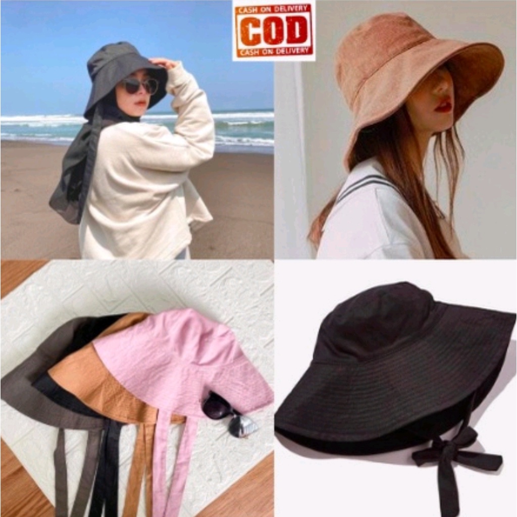 Terlaris Terbaru Topi Bucket Wide Wanita Remaja Berkualitas Import / Topi Wide Bucket Hat Pantai Selebgram Tali Panjang / Topi Bucket Viral Terlaris